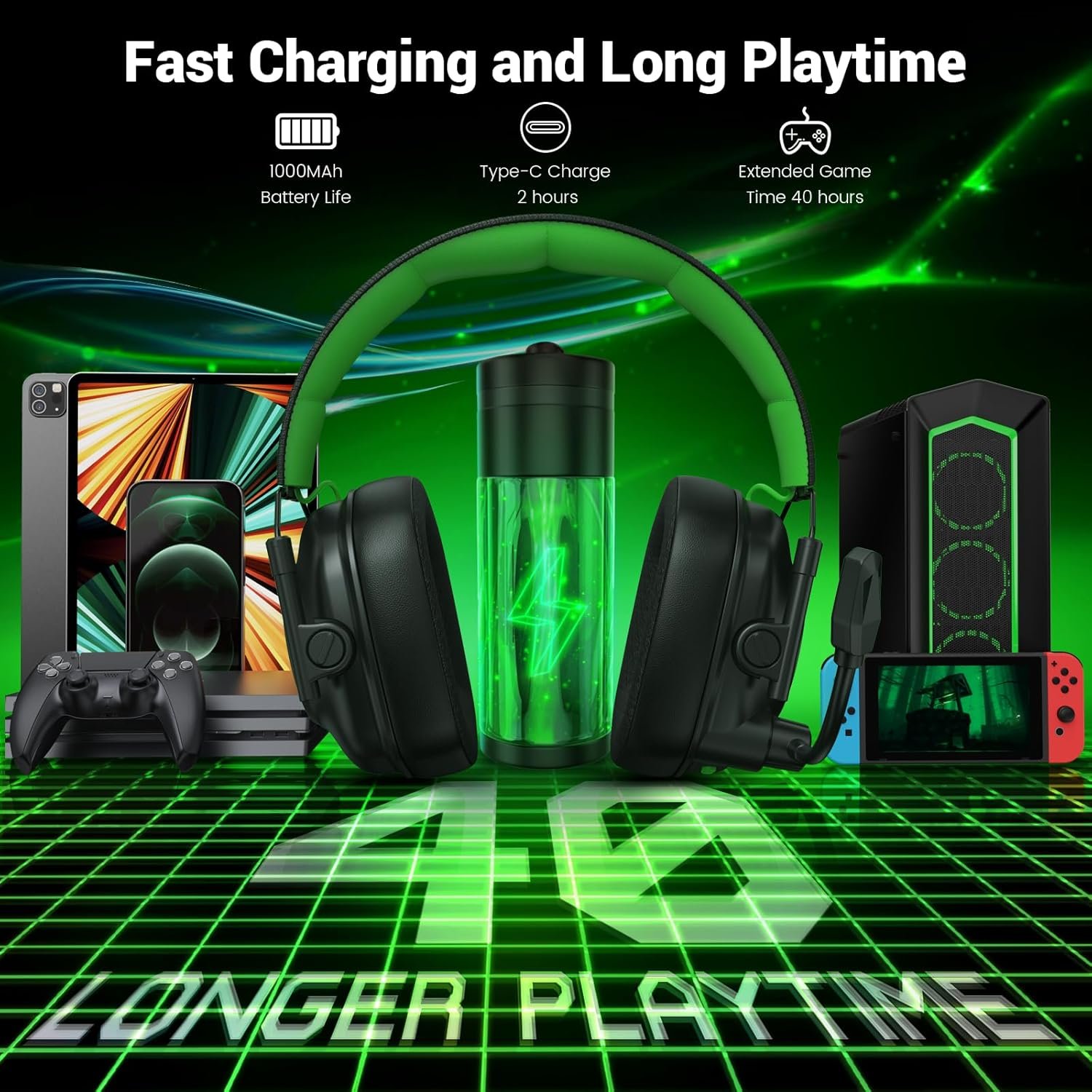 2.4GHz Wireless Gaming Headset with Noise Cancelling Microphone, Bluetooth 5.4, RGB Lighting, 40Hr Battery, Gaming Headphones for PC, PS4, PS5, Laptop, Mobile, Mac(Black Green) - Image 2