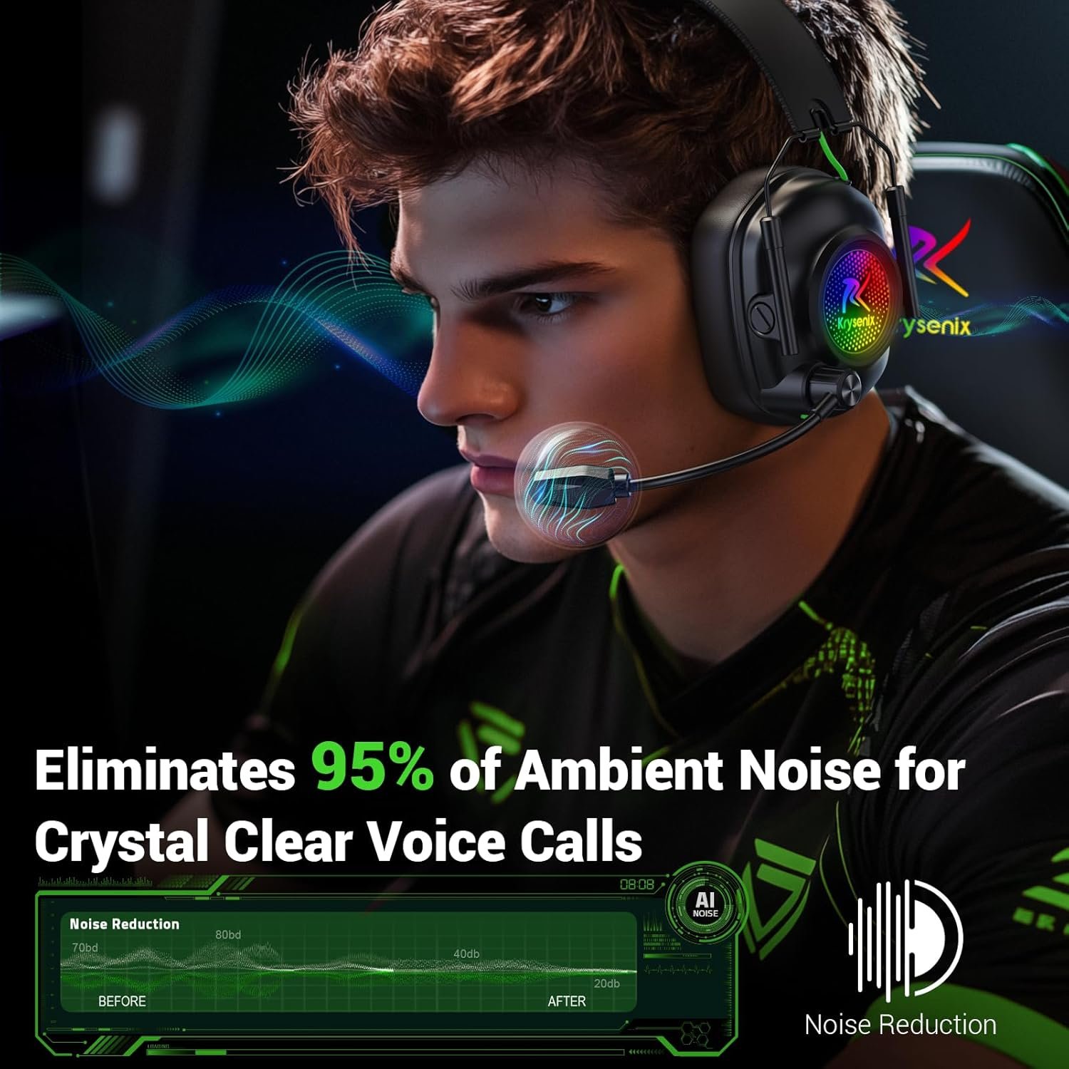 2.4GHz Wireless Gaming Headset with Noise Cancelling Microphone, Bluetooth 5.4, RGB Lighting, 40Hr Battery, Gaming Headphones for PC, PS4, PS5, Laptop, Mobile, Mac(Black Green) - Image 3