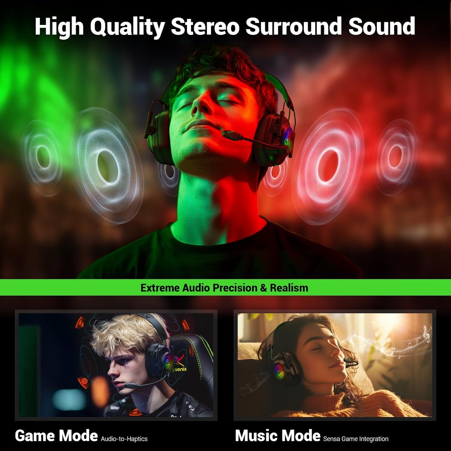 2.4GHz Wireless Gaming Headset with Noise Cancelling Microphone, Bluetooth 5.4, RGB Lighting, 40Hr Battery, Gaming Headphones for PC, PS4, PS5, Laptop, Mobile, Mac(Black Green) - Image 5