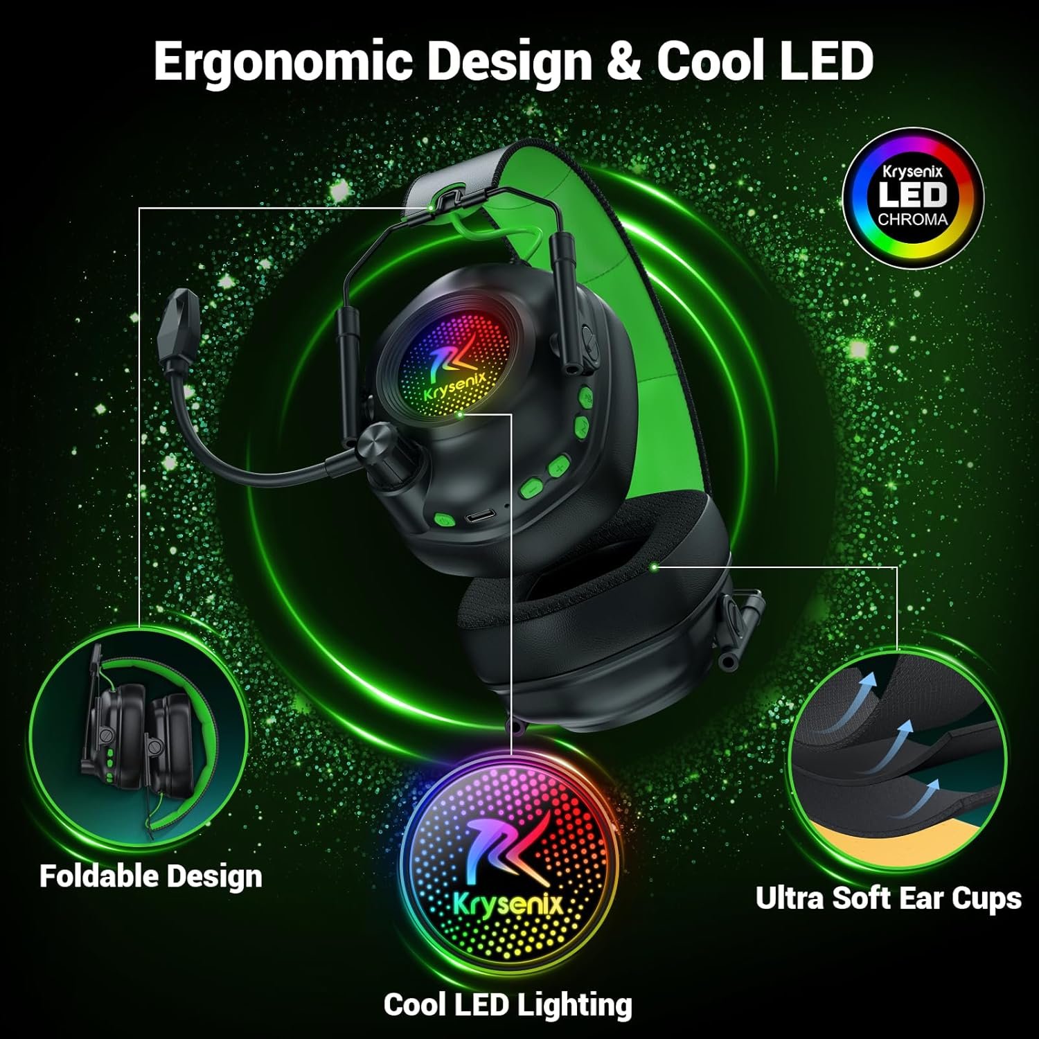 2.4GHz Wireless Gaming Headset with Noise Cancelling Microphone, Bluetooth 5.4, RGB Lighting, 40Hr Battery, Gaming Headphones for PC, PS4, PS5, Laptop, Mobile, Mac(Black Green) - Image 6