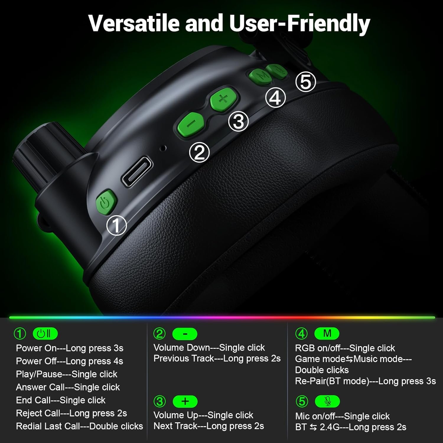 2.4GHz Wireless Gaming Headset with Noise Cancelling Microphone, Bluetooth 5.4, RGB Lighting, 40Hr Battery, Gaming Headphones for PC, PS4, PS5, Laptop, Mobile, Mac(Black Green) - Image 8