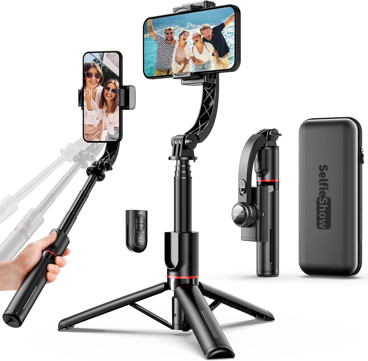 Smartphone Gimbal Stabilizer with Remote, Aluminum Extendable Selfie Stick Tripod, 360° Automatic Rotation
